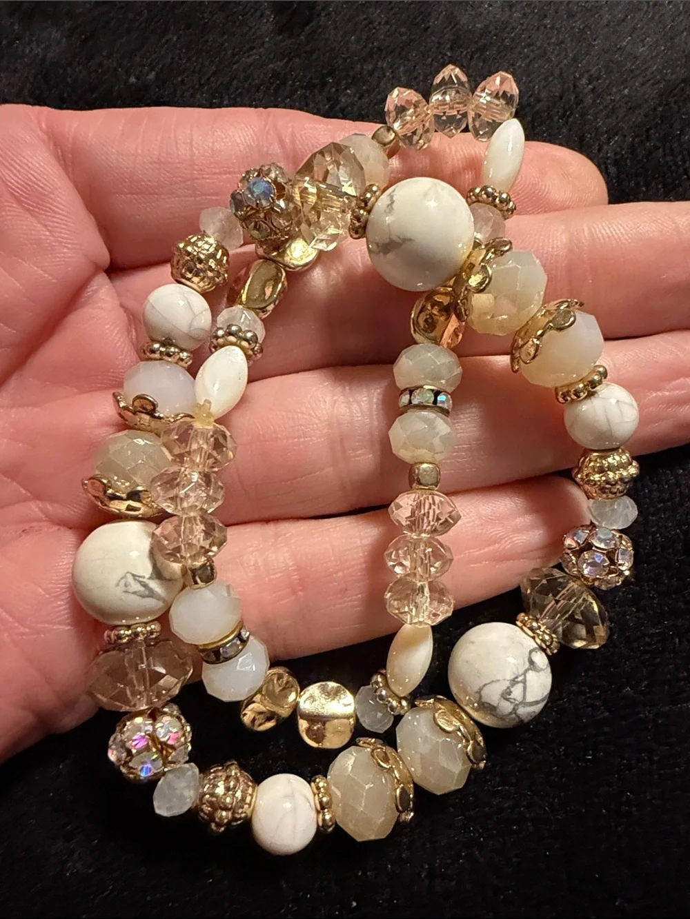 Artisan White Gold Crystal Beaded Stretch Bracelets Set of 2